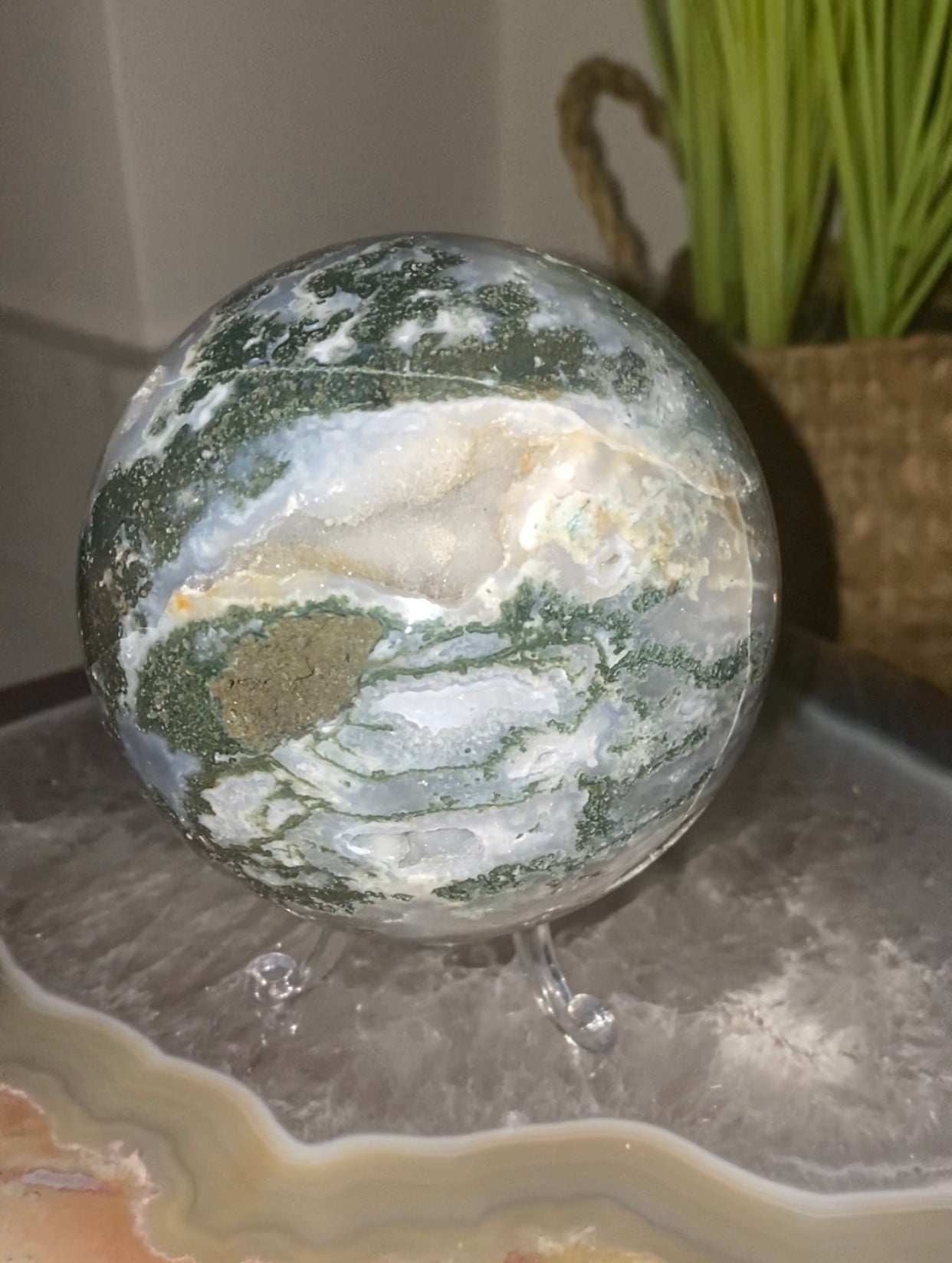 Green moss agate sphere with Druze