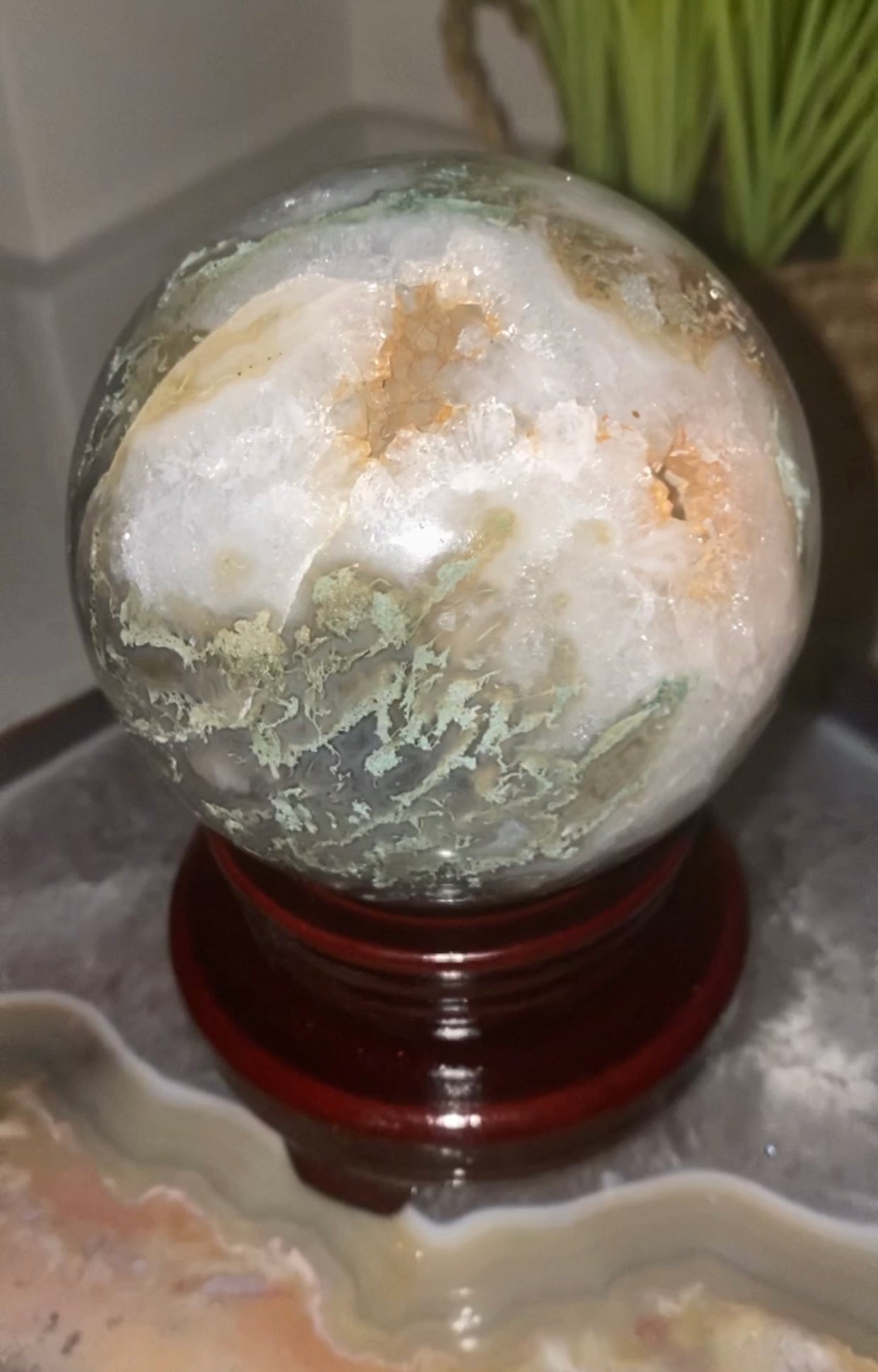 Green Moss agate sphere with Druze